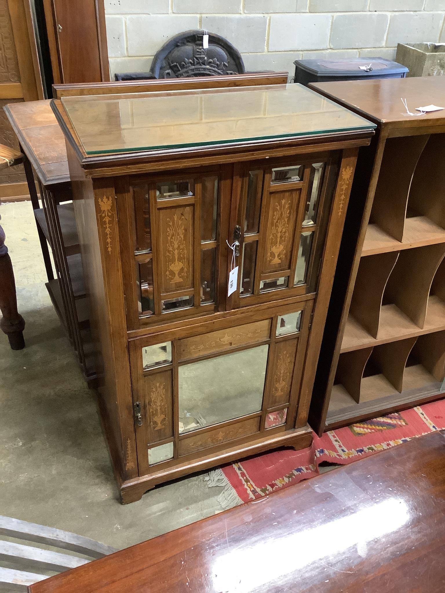 A late Victorian inlaid mirrored rosewood music cabinet, width 62cm, depth 38cm, height 105cm